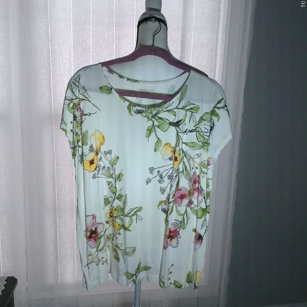 COLDWATER CREEK Cap Sleeve Scoop Neck White Floral Tunic XL